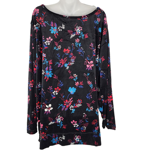 Woman Within Sweatshirt Tunic 3X Plush Velour Pullover Black Floral Long Sleeve - Picture 2 of 10